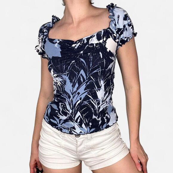 Blue white floral print top ruffle sleeves sweetheart neckline from Comma - Picture 1 of 8